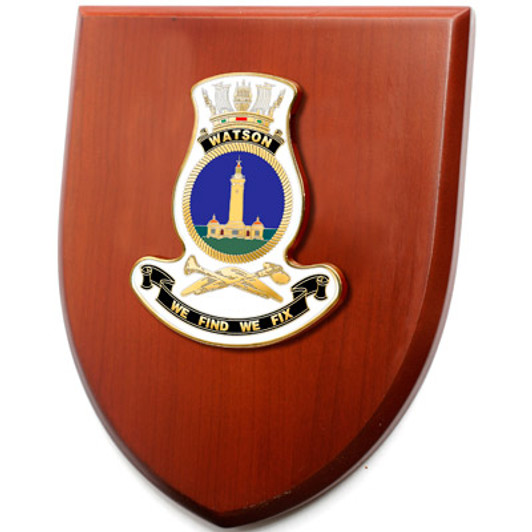 HMAS Watson Shield Plaque An Exceptional HMAS Watson Plaque order now. This beautiful plaque features a 100mm full colour enamel crest set on a 200x160mm timber finish shield. Presented in a stylish silver gift box with form c