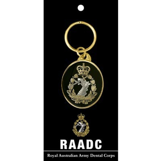 RAADC Key Ring On Card Royal Australian Army Dental Corps (RAADC) key ring. Order now from the military specialists. Displayed on a presentation card. This beautiful 40mm gold plated enamel key ring will keep your keys orga