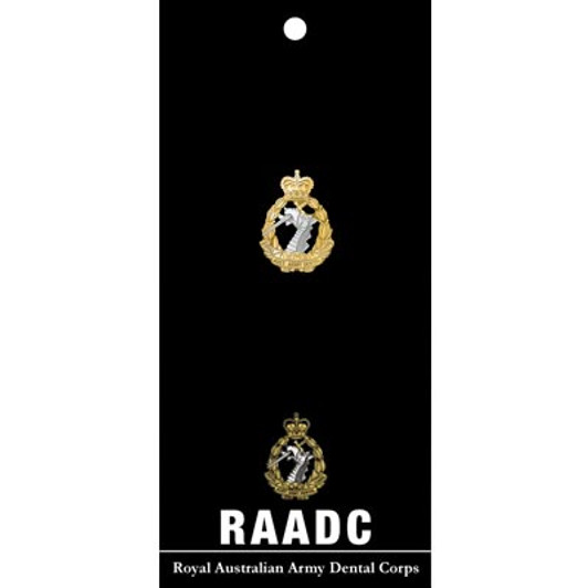 RAADC Lapel Pin On Card Order the Royal Australian Army Dental Corps (RAADC) 20mm full-colour enamel lapel pin now from the military specialists. Displayed on a presentation card, this beautiful gold-plated lapel pin looks g RAADC Lapel Pin On Card Order the Royal Australian Army Dental Corps (RAADC) 20mm full-colour enamel lapel pin now from the military specialists. Displayed on a presentation card, this beautiful gold-plated lapel pin looks g