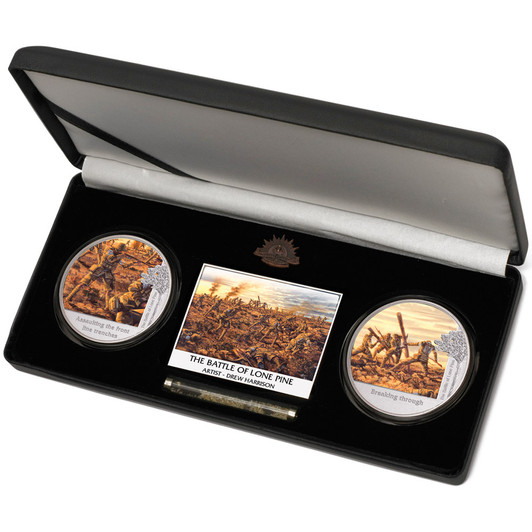 Lone Pine Set of Two Ltd Ed Medallions SoG 13 The stunning Sands of Gallipoli 2013 release The Battle of Lone Pine Two Limited Edition Medallions Set from the military specialists. About the ProductThis beautiful sets of high quality medallions f
