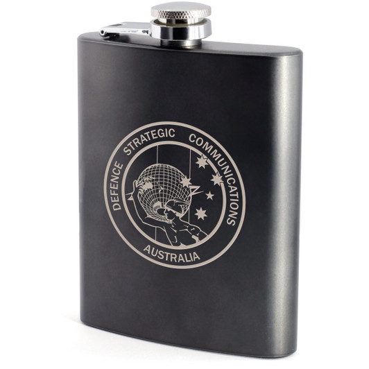 DEFSTRATCOM Hip Flask Defence Strategic Communications (DEFSTRATCOM) crest engraved on a stylish hip flask. This classic hip flask is the perfect gift for any occasion. Stylishly presented in a lined silver box with a disp