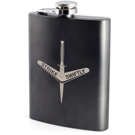 1 CDO REGT Hip Flask 1st Commando Regiment (1 CDO REGT) crest engraved on a stylish gunmetal grey hip flask. This modern, yet classic hip flask is the perfect gift for any occasion. Stylishly presented in a lined silver b