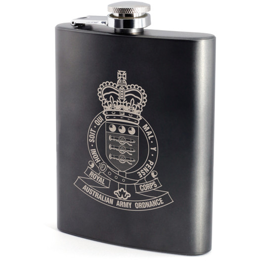RAAOC Hip Flask Royal Australian Army Ordnance Corps (RAAOC) crest engraved on a stylish gunmetal grey hip flask. This modern, yet classic hip flask is the perfect gift for any occasion. Stylishly presented in a line