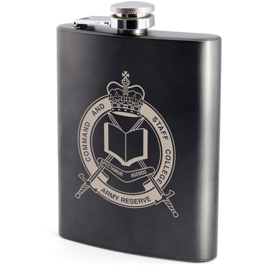 ARCSC Hip Flask Army Reserve Command and Staff College (ARCSC) crest engraved on a stylish gunmetal grey hip flask. This modern, yet classic hip flask is the perfect gift for any occasion. Stylishly presented in a li