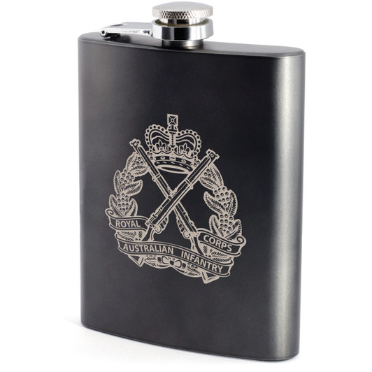RAinf Hip Flask Royal Australian Infantry Corps (RA Inf) crest engraved on a stylish gunmetal grey hip flask. This modern, yet classic hip flask is the perfect gift for any occasion. Stylishly presented in a lined si
