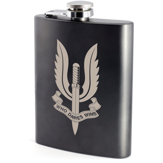 SASR Hip Flask Special Air Service Regiment (SASR) crest engraved on a stylish gunmetal grey hip flask. This modern, yet classic hip flask is the perfect gift for any occasion. Stylishly presented in a lined silver