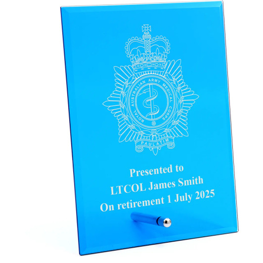 Royal Australian Army Medical Corps (RAAMC) Nebula Blue Glass Award in Gift Box