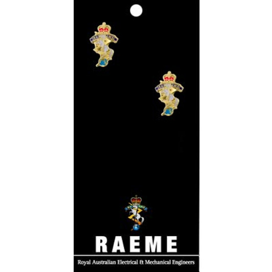 RAEME Cuff Links On Card Royal Australian Electrical and Mechanical Engineers (RAEME) 20mm full colour enamel cuff links. Order now from the military specialists. Displayed on a presentation card. These beautiful gold plated