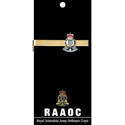 RAAOC Tie Bar On Card Royal Australian Army Ordnance Corps (RAAOC) 20mm full colour enamel tie bar. Order now from the military specialists. Displayed on a presentation card. This beautiful gold plated tie bar looks great
