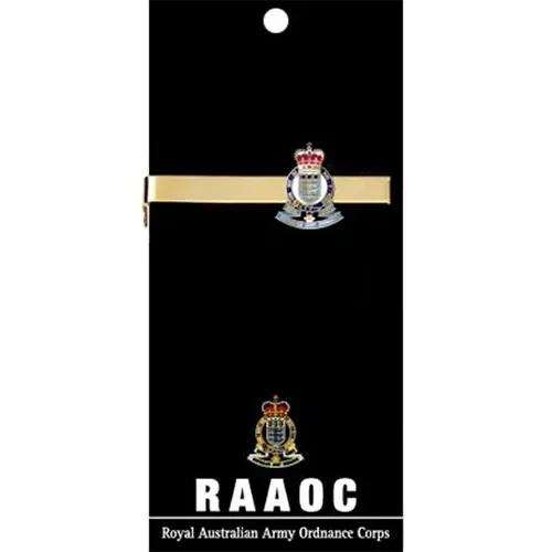 RAAOC Tie Bar On Card Royal Australian Army Ordnance Corps (RAAOC) 20mm full colour enamel tie bar. Order now from the military specialists. Displayed on a presentation card. This beautiful gold plated tie bar looks great