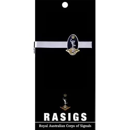 RASigs Tie Bar On Card Royal Australian Corps of Signals (RASigs) 20mm full colour enamel tie bar. Order now from the military specialists. Displayed on a presentation card. This beautiful gold plated tie bar looks great on