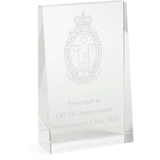 Royal Australian Army Pay Corps (RAAPC) Glacier Glass Award in Gift Box