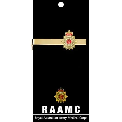RAAMC Tie Bar On Card Royal Australian Army Medical Corps (RAAMC) 20mm full colour enamel tie bar. Order now from the military specialists. Displayed on a presentation card. This beautiful gold plated tie bar looks great o