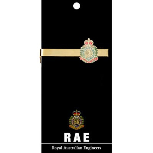 RAE Tie Bar On Card Royal Australian Engineers (RAE) 20mm full colour enamel tie bar. Order now from the military specialists. Displayed on a presentation card. This beautiful gold plated tie bar looks great on both work