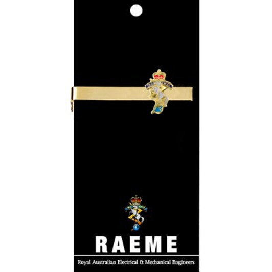 RAEME Tie Bar On Card Royal Australian Electrical and Mechanical Engineers (RAEME) 20mm full colour enamel tie bar. Order now from the military specialists. Displayed on a presentation card. This beautiful gold plated tie