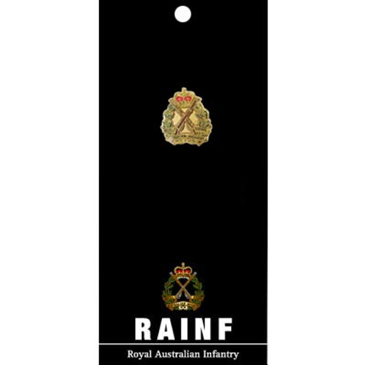 RAinf Lapel Pin On Card The Royal Australian Infantry Corps (RA Inf) 20mm full-colour enamel lapel pin, order now from the military specialists. Displayed on a presentation card. This beautiful gold-plated lapel pin will loo RAinf Lapel Pin On Card The Royal Australian Infantry Corps (RA Inf) 20mm full-colour enamel lapel pin, order now from the military specialists. Displayed on a presentation card. This beautiful gold-plated lapel pin will loo