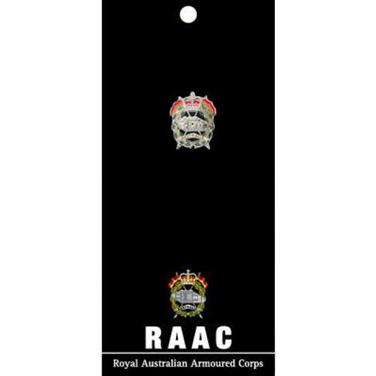 RAAC Lapel Pin On Card Royal Australian Armoured Corps (RAAC) 20mm full-colour enamel lapel pin, order now from the military specialists. Displayed on a presentation card. This beautiful gold-plated lapel pin will look grea RAAC Lapel Pin On Card Royal Australian Armoured Corps (RAAC) 20mm full-colour enamel lapel pin, order now from the military specialists. Displayed on a presentation card. This beautiful gold-plated lapel pin will look grea