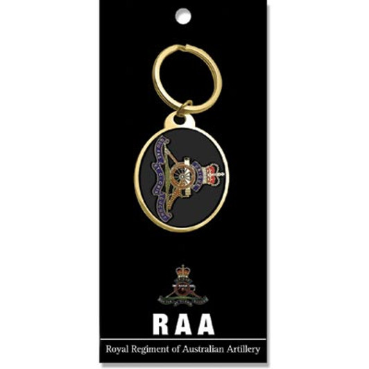 RAA Key Ring On Card Royal Regiment of Australian Artillery (RAA) key ring. Order now from the military specialists. Displayed on a presentation card. This beautiful 40mm gold plated enamel key ring will keep your keys or