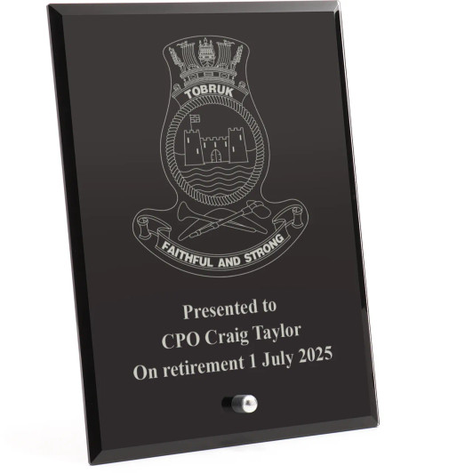 HMAS Tobruk Nebula Black Glass Award in Gift Box
