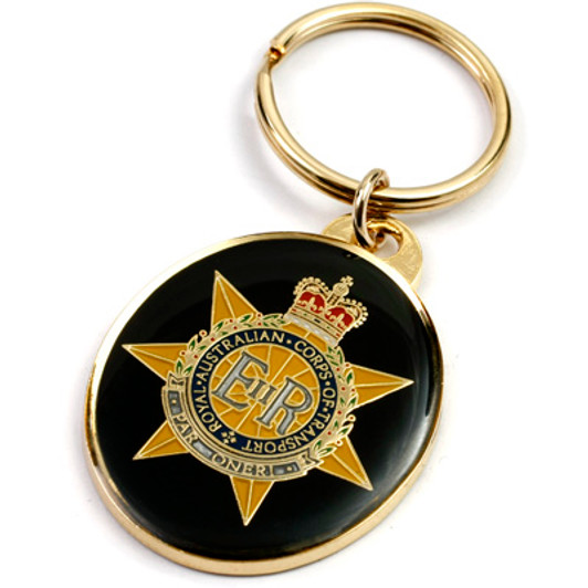 RACT Key Ring On Card Royal Australian Corps of Transport (RACT) key ring. Order now from the military specialists. Displayed on a presentation card. This beautiful 40mm gold plated enamel key ring will keep your keys orga