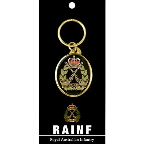 RAinf Key Ring On Card Royal Australian Infantry Corps (RA Inf) key ring. Order now from the military specialists. Displayed on a presentation card. This beautiful 40mm gold plated enamel key ring will keep your keys organi