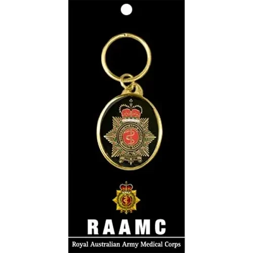 RAAMC Key Ring On Card Royal Australian Army Medical Corps (RAAMC) key ring. Order now from the military specialists. Displayed on a presentation card. This beautiful 40mm gold plated enamel key ring will keep your keys org