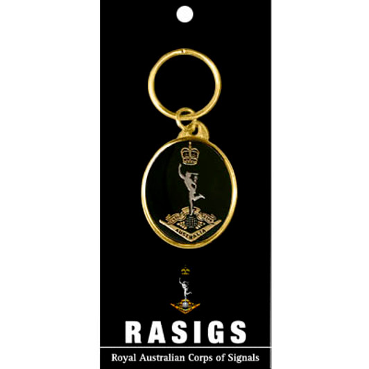 RASigs Key Ring On Card Royal Australian Corps of Signals (RASigs) key ring. Order now from the military specialists. Displayed on a presentation card. This beautiful 40mm gold plated enamel key ring will keep your keys orga