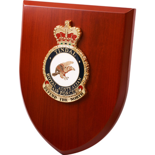 RAAF Tindal Plaque An Exceptional RAAF Tindal Plaque order now. This beautiful plaque features a 100mm full colour enamel crest set on a 200x160mm timber finish shield. Presented in a stylish silver gift box with form c