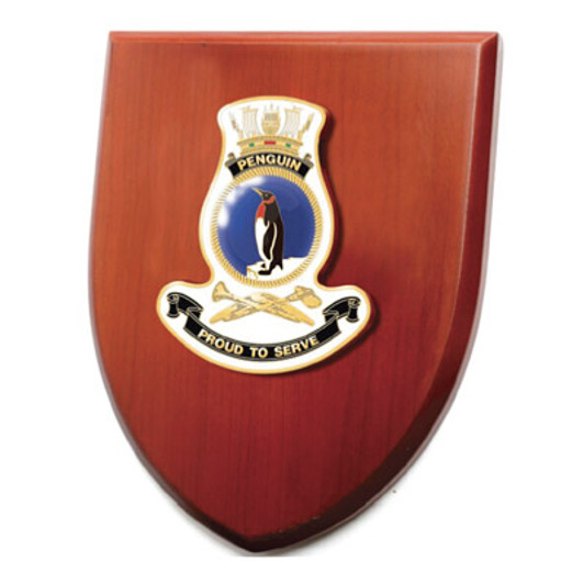 HMAS Penguin Plaque An Exceptional HMAS Penguin Plaque order now. This beautiful plaque features a 100mm full colour enamel crest set on a 200x160mm timber finish shield. Presented in a stylish silver gift box with form