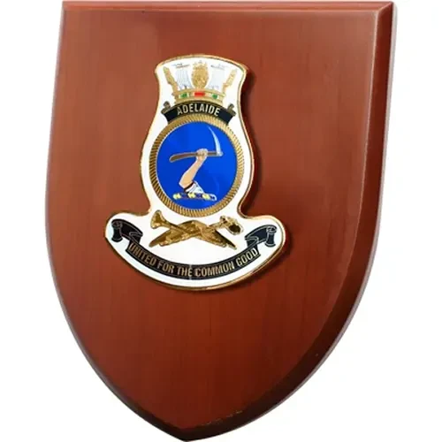 HMAS Adelaide Plaque An Exceptional HMAS Adelaide Plaque order now. This beautiful plaque features a 100mm full colour enamel crest set on a 200x160mm timber finish shield. Presented in a stylish silver gift box with form