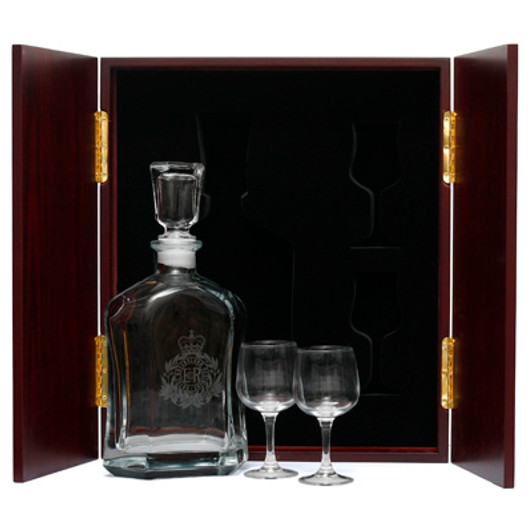 RQR Decanter & Glasses in Display Case Royal Queensland Regiment (RQR)  Decanter in Display Case with Glasses, is the perfect gift, order it now from Military Shop. the beautiful two door timber finish display case with Army crest handles