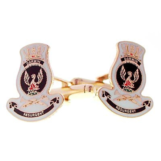 HMAS Darwin Cuff links HMAS Darwin 20mm full colour enamel cuff links. Order now from the military specialists. These beautiful gold plated cuff links are the perfect accessory for work or functions.