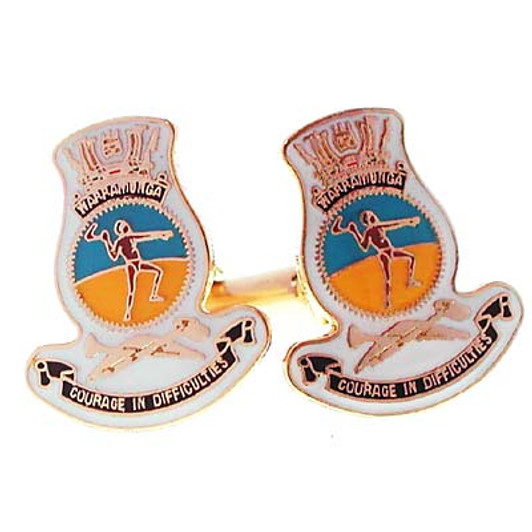 HMAS Warramunga Cuff links HMAS Warramunga 20mm full colour enamel cuff links. Order now from the military specialists. These beautiful gold plated cuff links are the perfect accessory for work or functions.