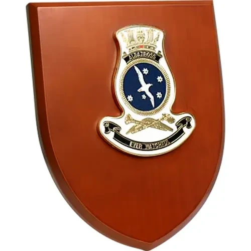 HMAS Albatross Shield Plaque An Exceptional HMAS Albatross Plaque order now. This beautiful plaque features a 100mm full colour enamel crest set on a 200x160mm timber finish shield. Presented in a stylish silver gift box with for