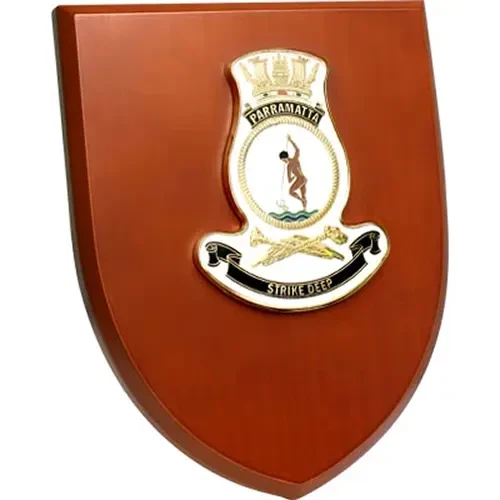 HMAS Parramatta Shield Plaque An Exceptional HMAS Parramatta Plaque order now. This beautiful plaque features a 100mm full colour enamel crest set on a 200x160mm timber finish shield. Presented in a stylish silver gift box with fo