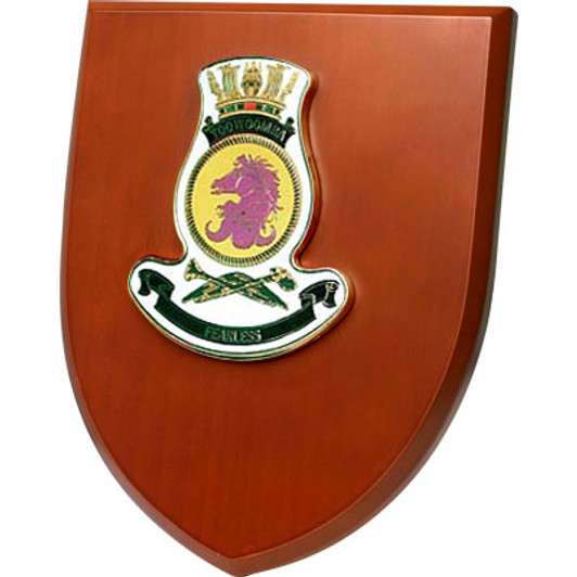HMAS Toowoomba Shield Plaque An Exceptional HMAS Toowoomba Plaque order now. This beautiful plaque features a 100mm full colour enamel crest set on a 200x160mm timber finish shield. Presented in a stylish silver gift box with for