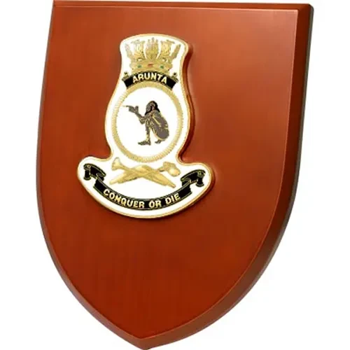 HMAS Arunta Shield Plaque An Exceptional HMAS Arunta Plaque order now. This beautiful plaque features a 100mm full colour enamel crest set on a 200x160mm timber finish shield. Presented in a stylish silver gift box with form c