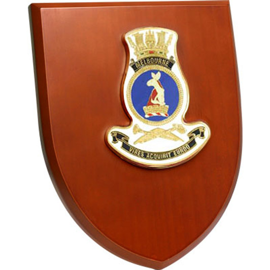 HMAS Melbourne Shield Plaque An Exceptional HMAS Melbourne Plaque order now. This beautiful plaque features a 100mm full colour enamel crest set on a 200x160mm timber finish shield. Presented in a stylish silver gift box with for