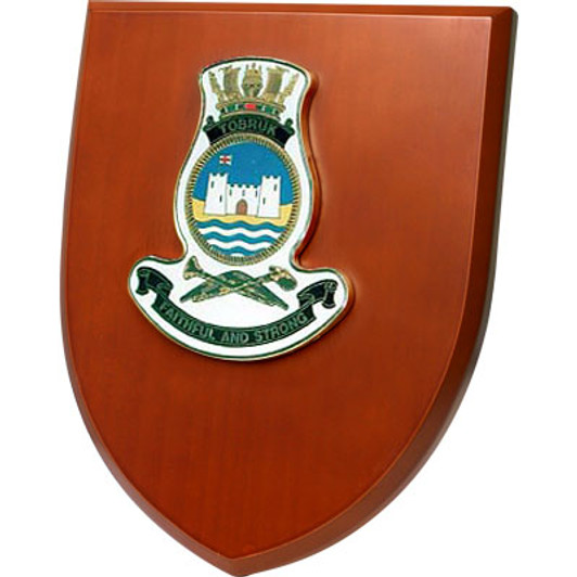 HMAS Tobruk Shield Plaque An Exceptional HMAS Tobruk Plaque order now. This beautiful plaque features a 100mm full colour enamel crest set on a 200x160mm timber finish shield. Presented in a stylish silver gift box with form c