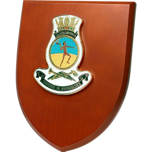 HMAS Warramunga Shield Plaque An Exceptional HMAS Warramunga Plaque order now. This beautiful plaque features a 100mm full colour enamel crest set on a 200x160mm timber finish shield. Presented in a stylish silver gift box with fo