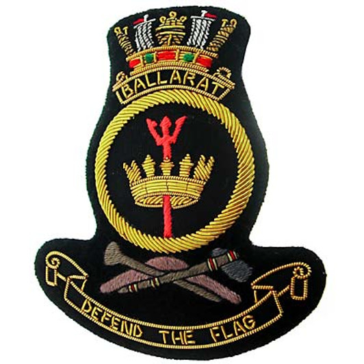 HMAS Ballarat Bullion badge Superb HMAS Ballarat Bullion Pocket Badge perfect for your Blazer, bag or where you want a stylish badge, order now from the military specialists. Approximate size 80x80mm. Securely fastens with 3 but