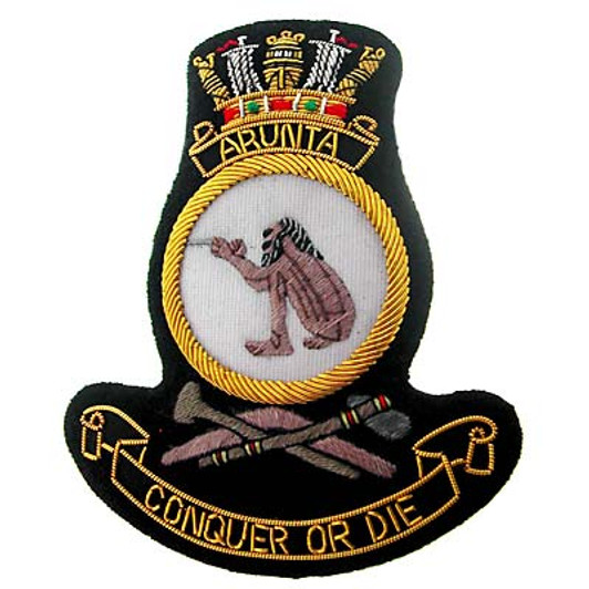 HMAS Arunta Bullion badge Superb HMAS Arunta Bullion Pocket Badge perfect for your Blazer, bag or where you want a stylish badge, order now from the military specialists. Approximate size 80x80mm. Securely fastens with 3 butte