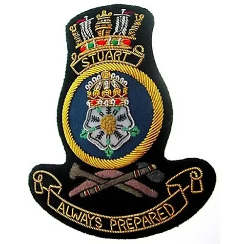 HMAS Stuart Bullion badge Superb HMAS Stuart Bullion Pocket Badge perfect for your Blazer, bag or where you want a stylish badge, order now from the military specialists. Approximate size 80x80mm. Securely fastens with 3 butte