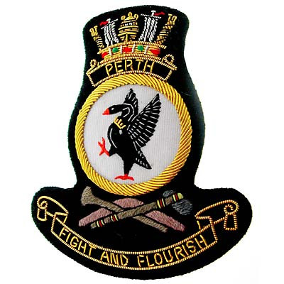 HMAS Perth Bullion badge Superb HMAS Perth Bullion Pocket Badge perfect for your Blazer, bag or where you want a stylish badge, order now from the military specialists. Approximate size 80x80mm. Securely fastens with 3 butter