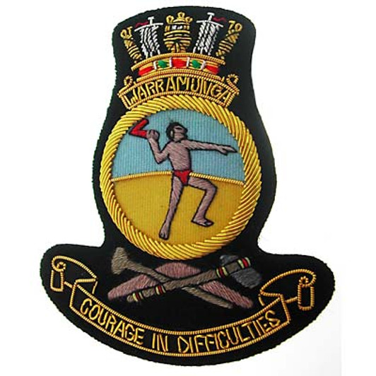 HMAS Warramunga Bullion badge Superb HMAS Warramunga Bullion Pocket Badge perfect for your Blazer, bag or where you want a stylish badge, order now from the military specialists. Approximate size 80x80mm. Securely fastens with 3 b