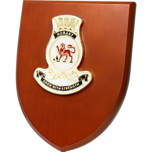 HMAS Hobart Shield Plaque An Exceptional HMAS Watson Plaque order now. This beautiful plaque features a 100mm full colour enamel crest set on a 200x160mm timber finish shield. Presented in a stylish silver gift box with form c
