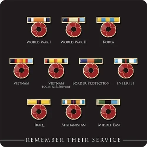 Display Card for Service Ribbon Poppy Badges Order this fantastic Display Card for Service Ribbon Poppy Badges. An easy and clear way to display your ribbon poppy badge set with positions for each badge, this display card makes keeping your coll