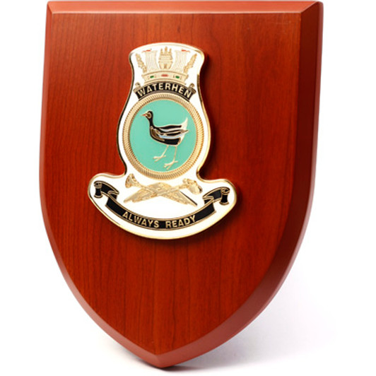 HMAS Waterhen Plaque An Exceptional HMAS Waterhen Plaque order now. This beautiful plaque features a 100mm full colour enamel crest set on a 200x160mm timber finish shield. Presented in a stylish silver gift box with form
