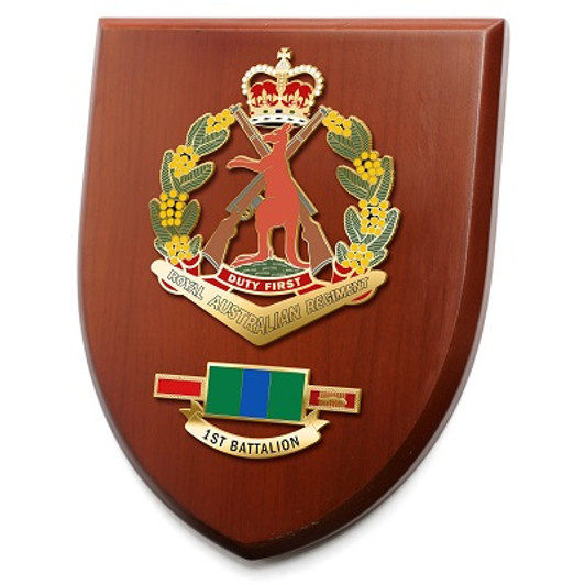 1 RAR Plaque An Exceptional 1st Battalion Royal Australian Regiment (1RAR) Plaque order now. This beautiful plaque features a 2 part full colour enamel plaque set on a 200x160mm timber finish shield. Presented in