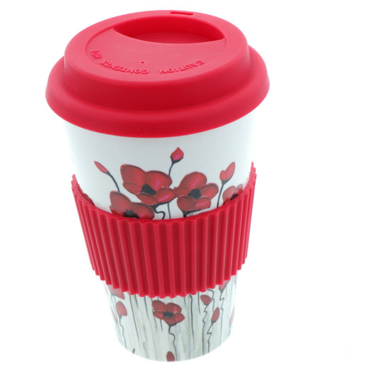 Poppy Mpressions Fields of Poppies Reusable Mug A reusable mug you'll reach for every time. Manufactured from environmentally friendly bamboo fibre with a silicon lid and grip band, this reusable cup features the delicate poppies from Australian ar